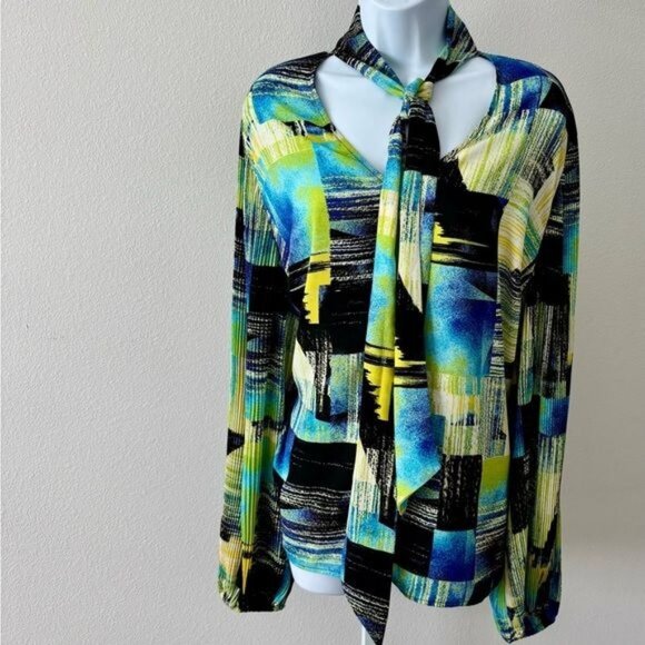 New York & Company Tops - New York & Company Top XXL Abstract Puff Sleeve Tie Preppy Coquette Cottagecore